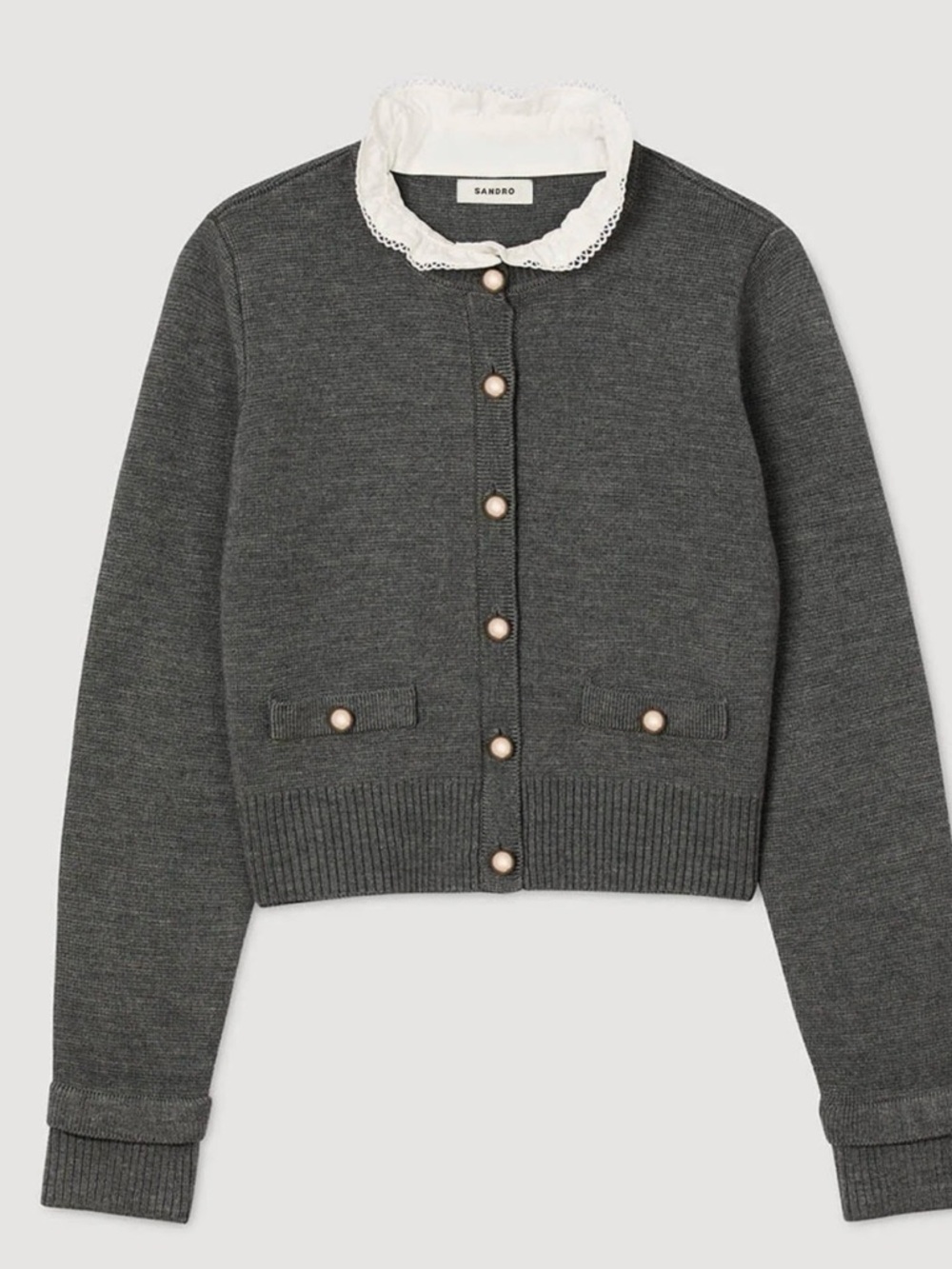 NWT Sandro Grey Cardigan with Removable White ruffle Collar S